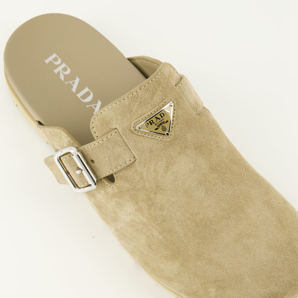 Image of the beige suede mules by Prada for Men - Spring-Summer 2026 - Detailed top view