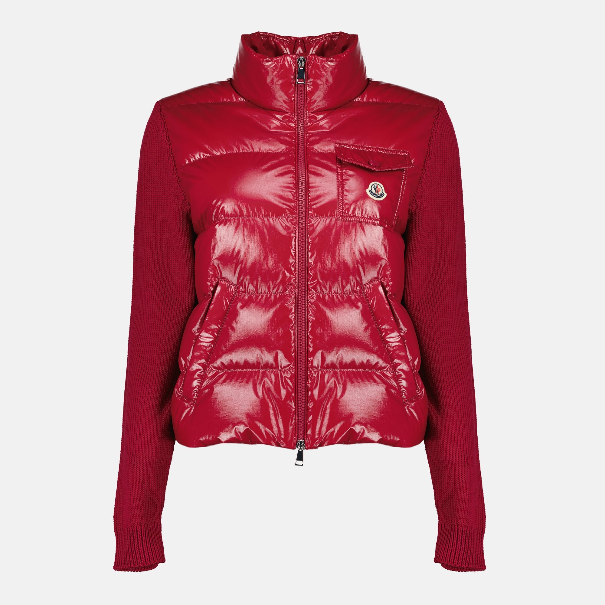 Image of the red bi-material zip-up cardigan from the Moncler brand for Women - Spring-Summer 2026 - Front View