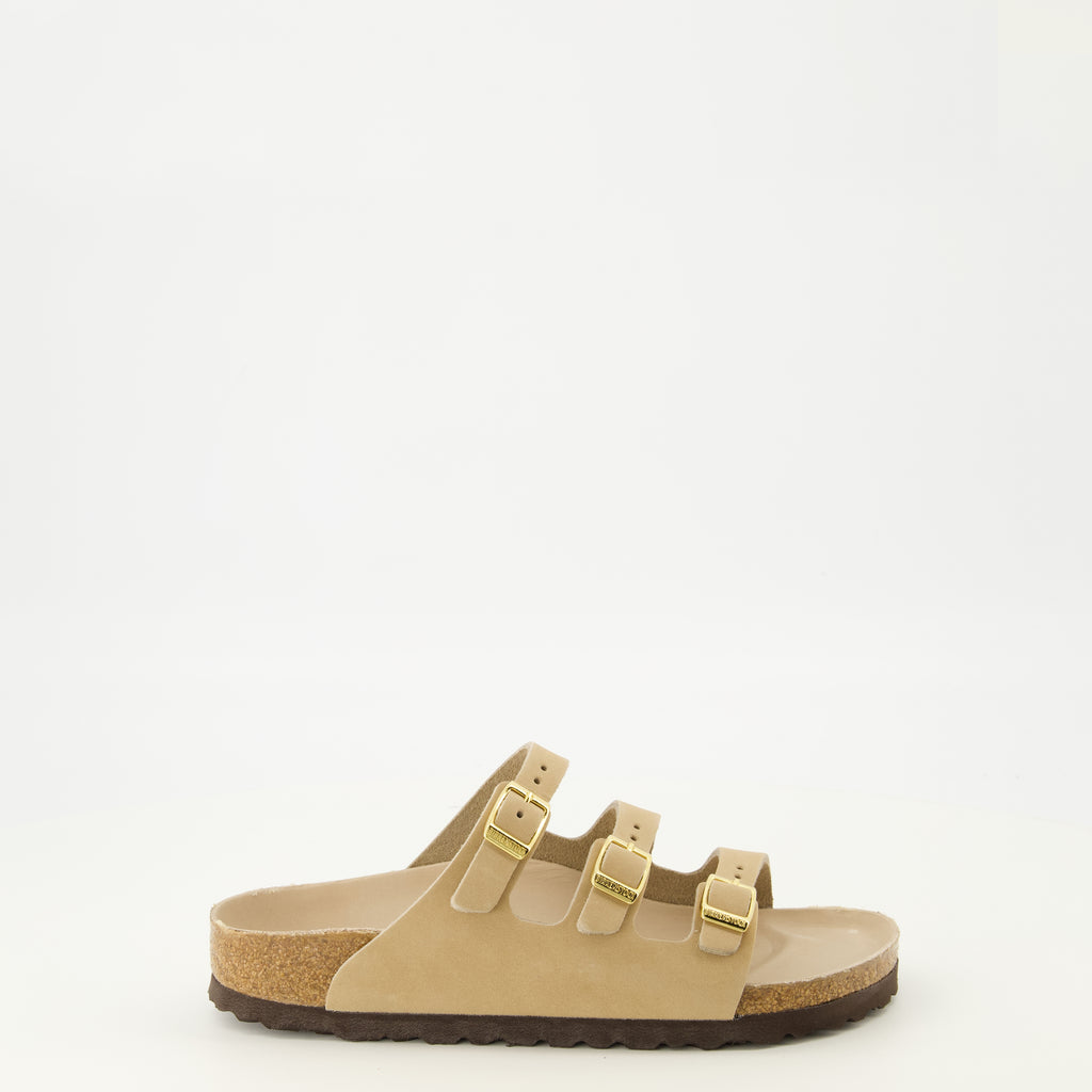 여성용 Birkenstock 브랜드 베이지 색 누벅 가죽 플로리다 샌들의 이미지 - 2026년 봄-여름 시즌 - 오른쪽 측면 보기
