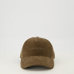 Imagen de la gorra de terciopelo marrón de Saint Laurent para hombres - Temporada Primavera-Verano 2026 - Vista Frontal