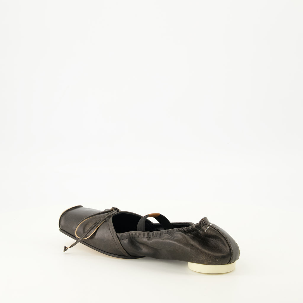Chaussures plates 黒いスクエアトゥレザーバレエフラット Mm6 Noir Femme