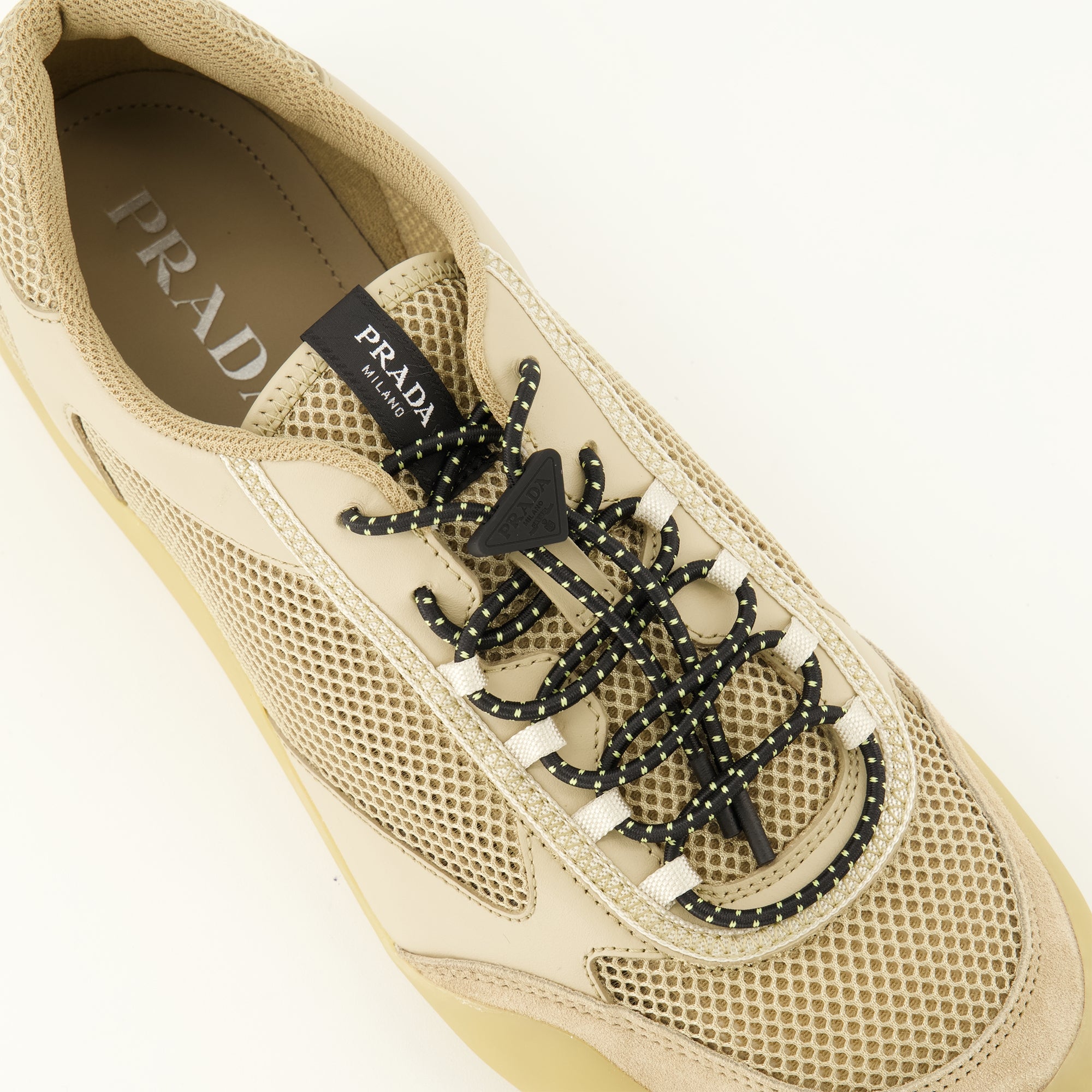 Baskets Sapatilhas Speedrock Beijes em Couro e Malha Prada Beige Homme