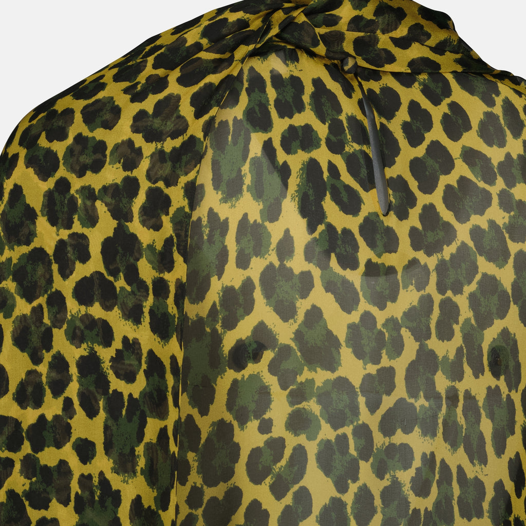 Immagine della blusa con colletto a fiocco in stampa leopardata del marchio Saint Laurent per donna - Stagione Autunno-Inverno 2025 - Vista Dettagliata 1