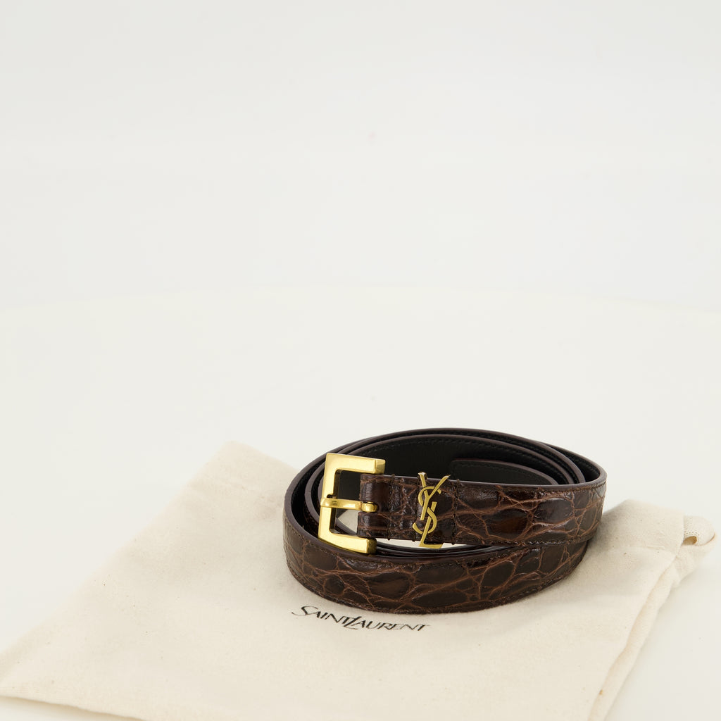 Ceintures 카산드르 파인 악어 벨트 Saint Laurent Marron Femme