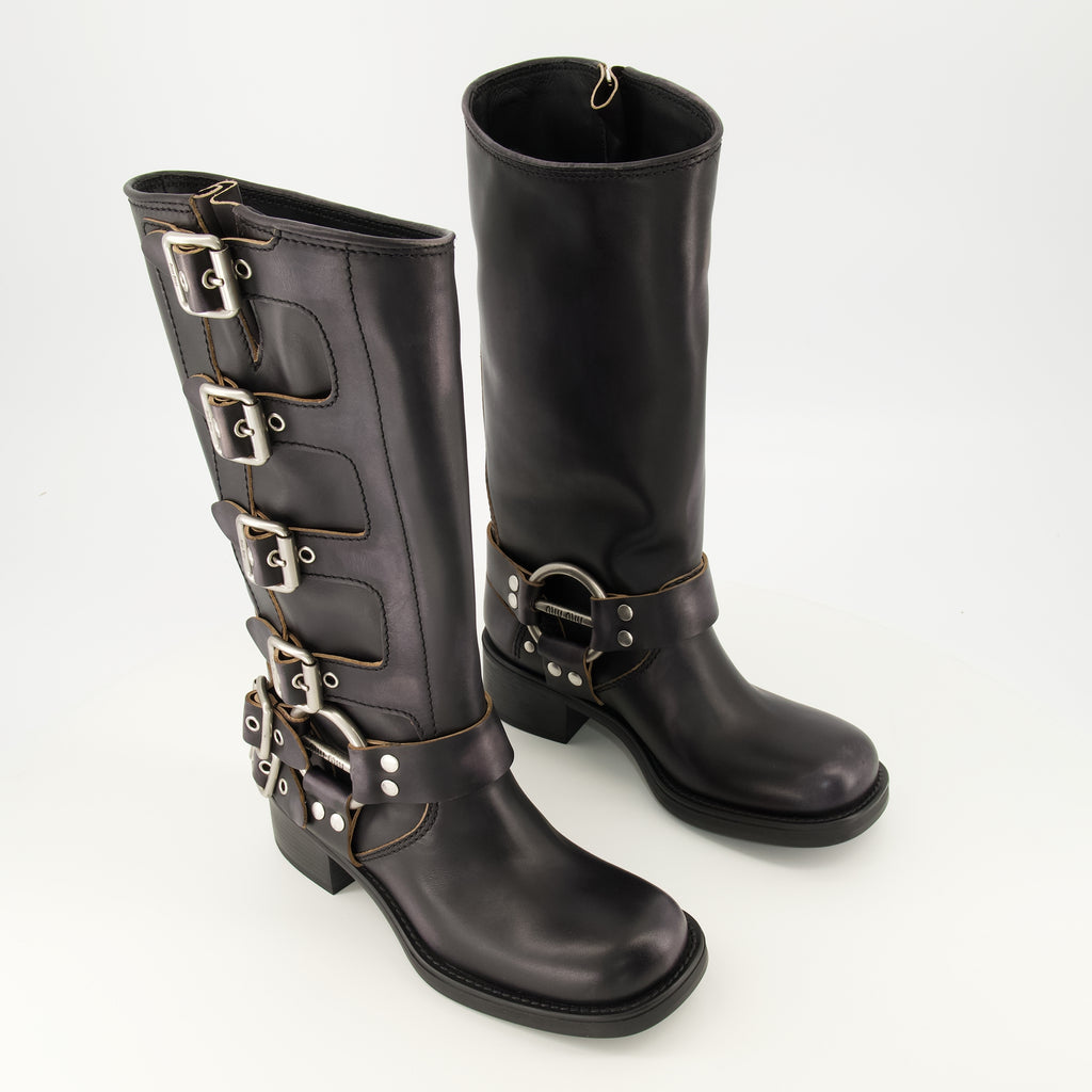 Bottes Botas de Couro Pretas Miu Miu Noir Femme