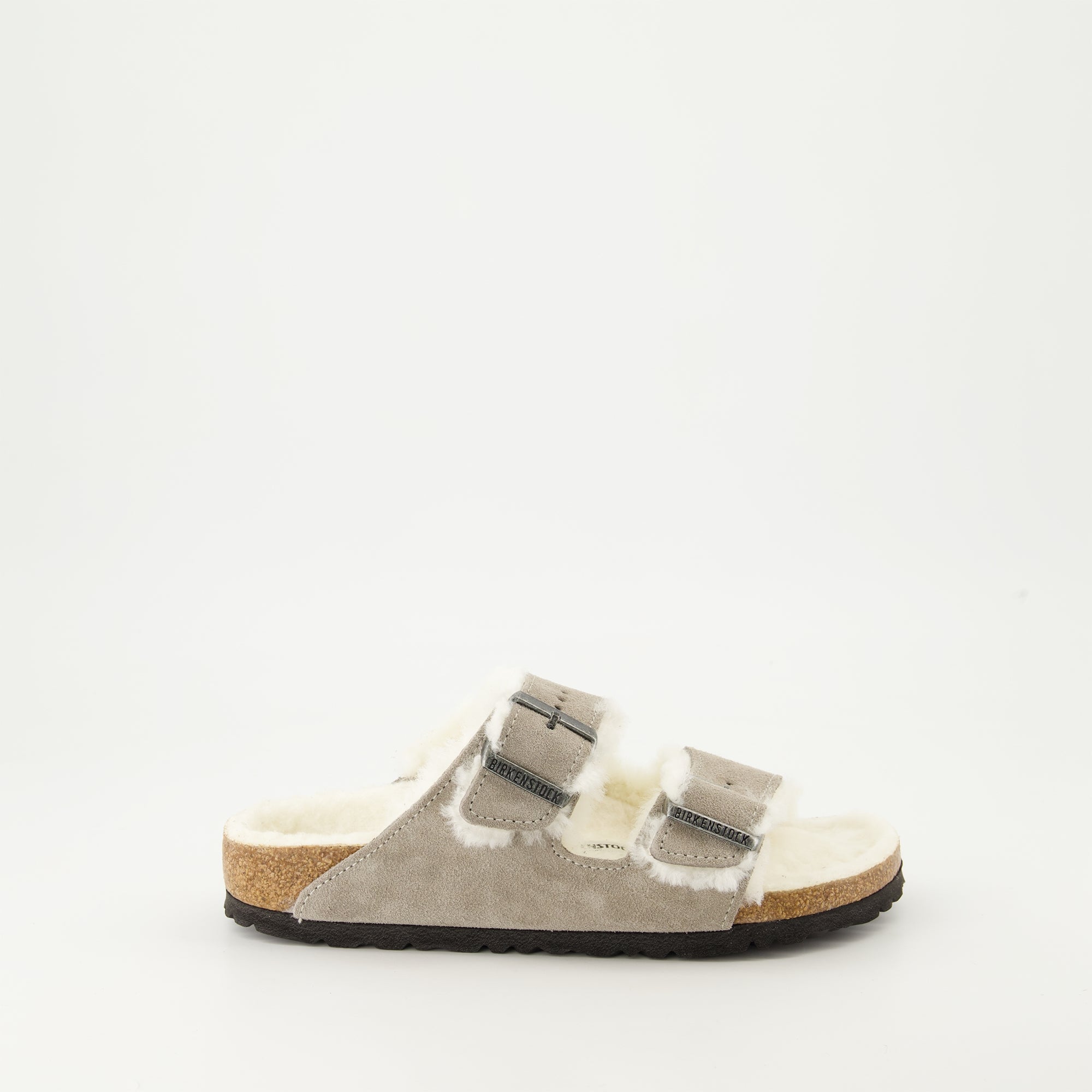 Chaussures ouvertes Claquettes Arizona en fourrure Birkenstock Gris Unisexe