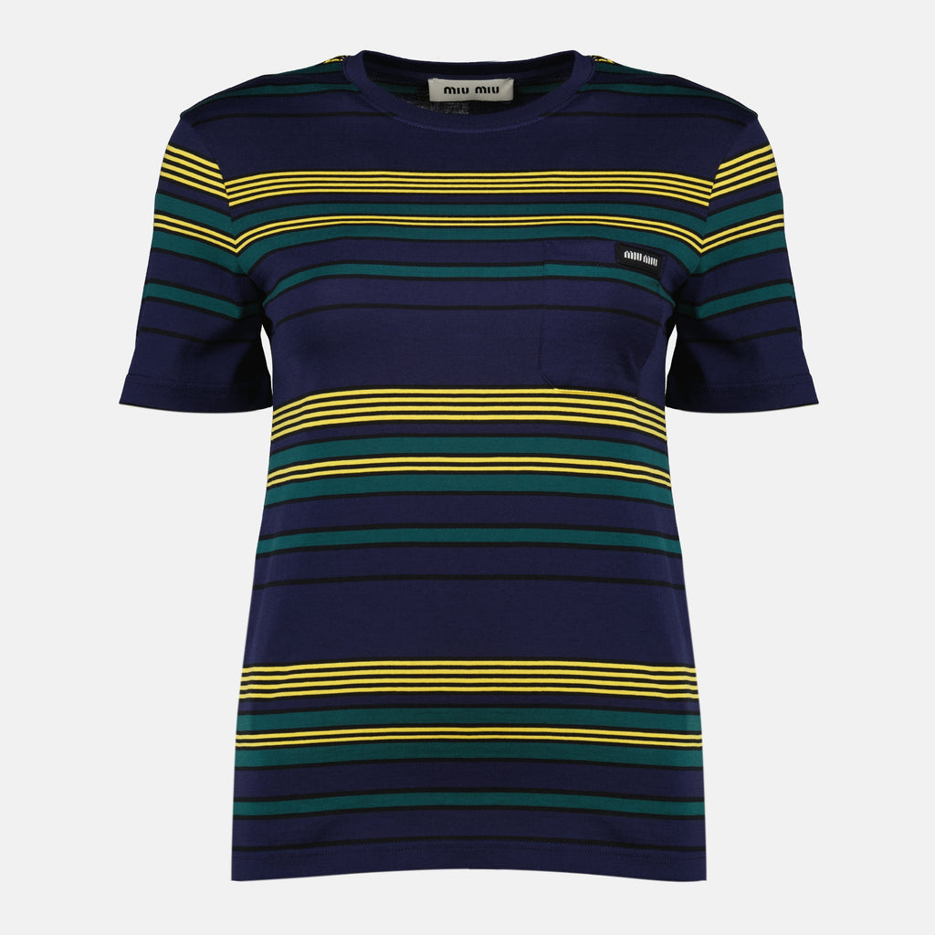 Image of the Miu Miu brand women's striped cotton T-shirt - Spring-Summer 2026 - Front view