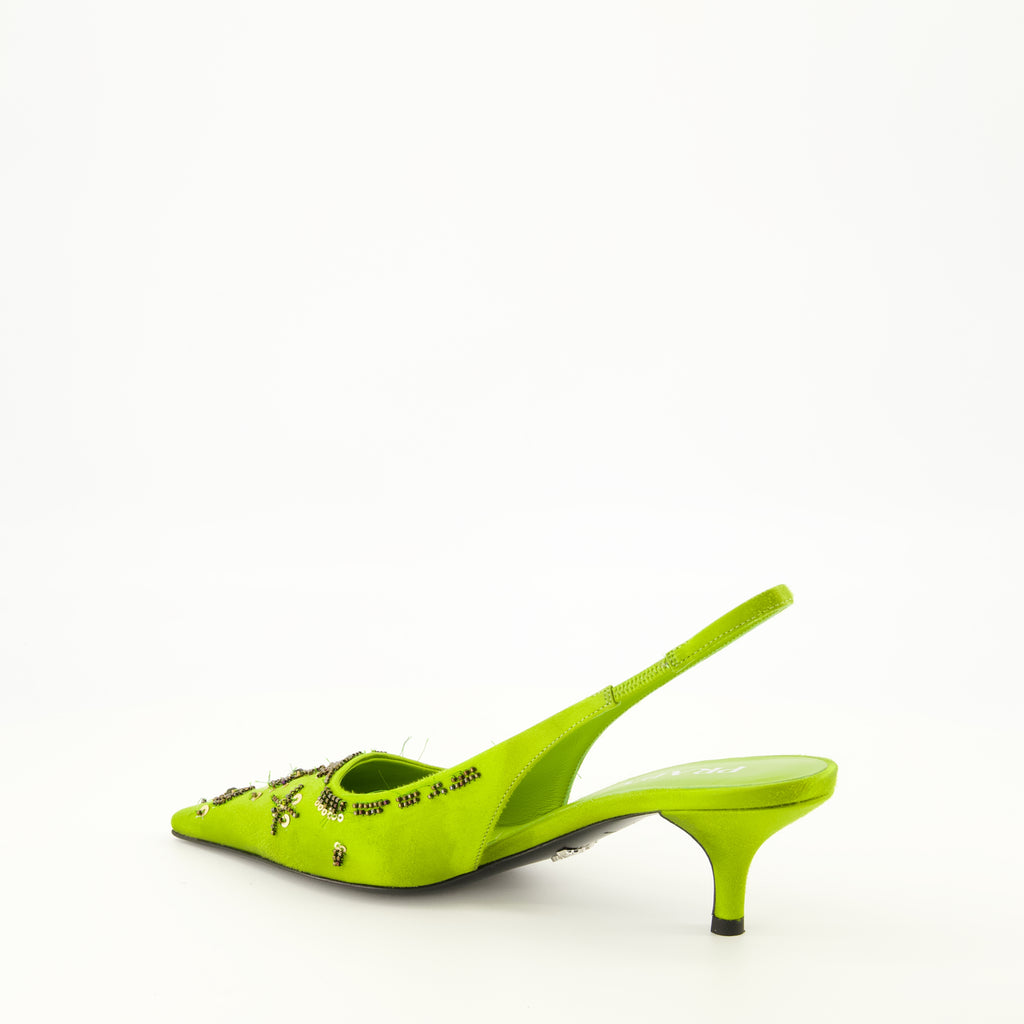 Escarpins グリーン刺繍サテンベイビーヒール Prada Vert Femme