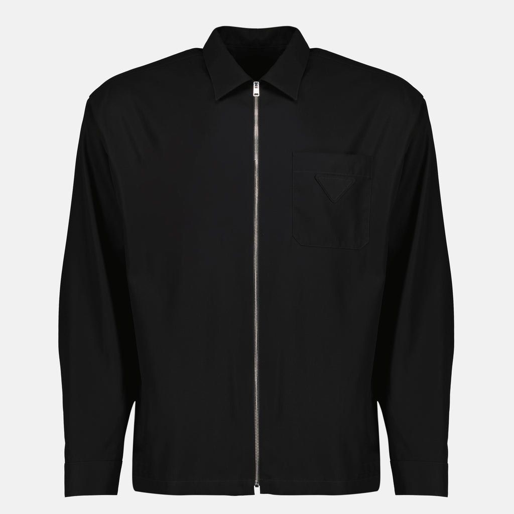 Vestes Camisa Casaco de Algodão Preto com Fecho de Zíper Prada Noir Homme