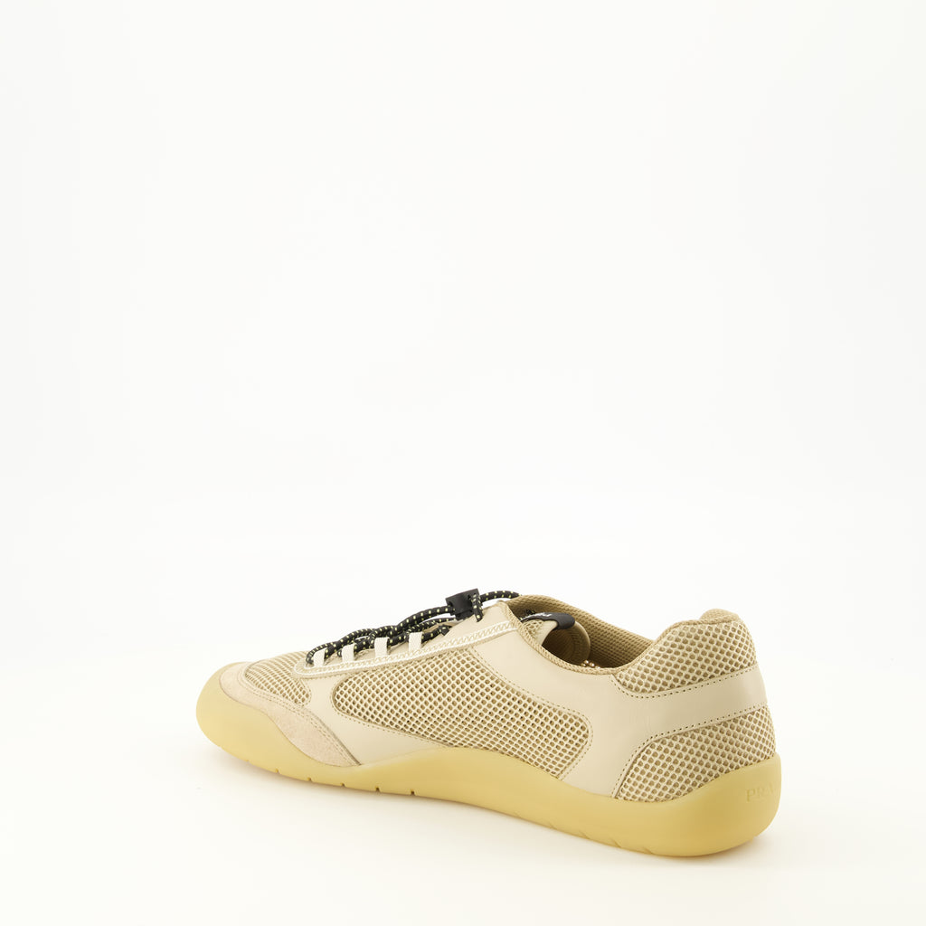 Baskets Sapatilhas Speedrock Beijes em Couro e Malha Prada Beige Homme