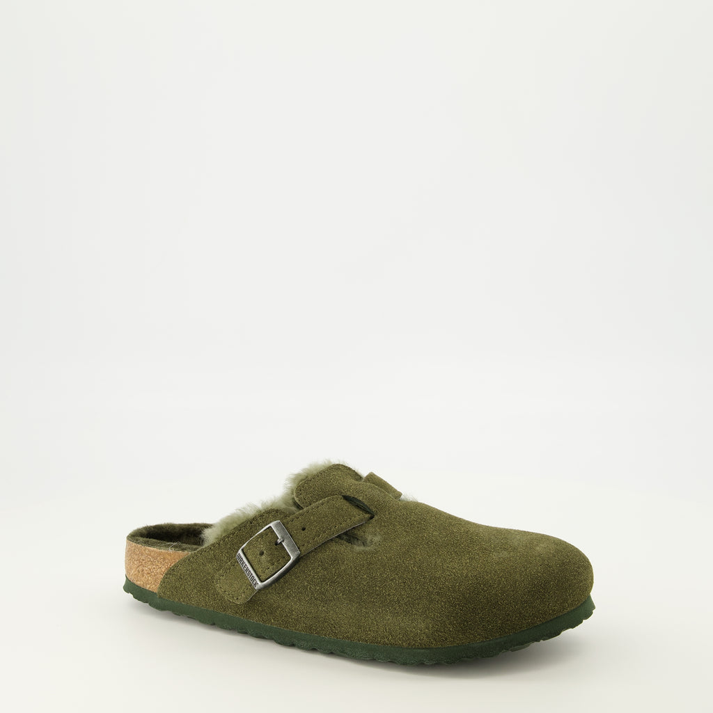 Chaussures ouvertes Mules Boston in Pelliccia Kaki Birkenstock Kaki Unisexe