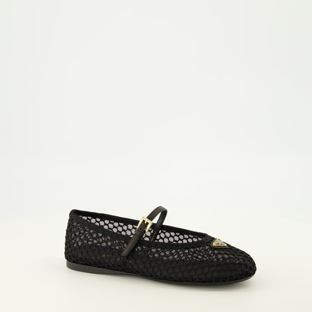 Chaussures plates Schwarze Netz-Ballerinas Prada Noir Femme