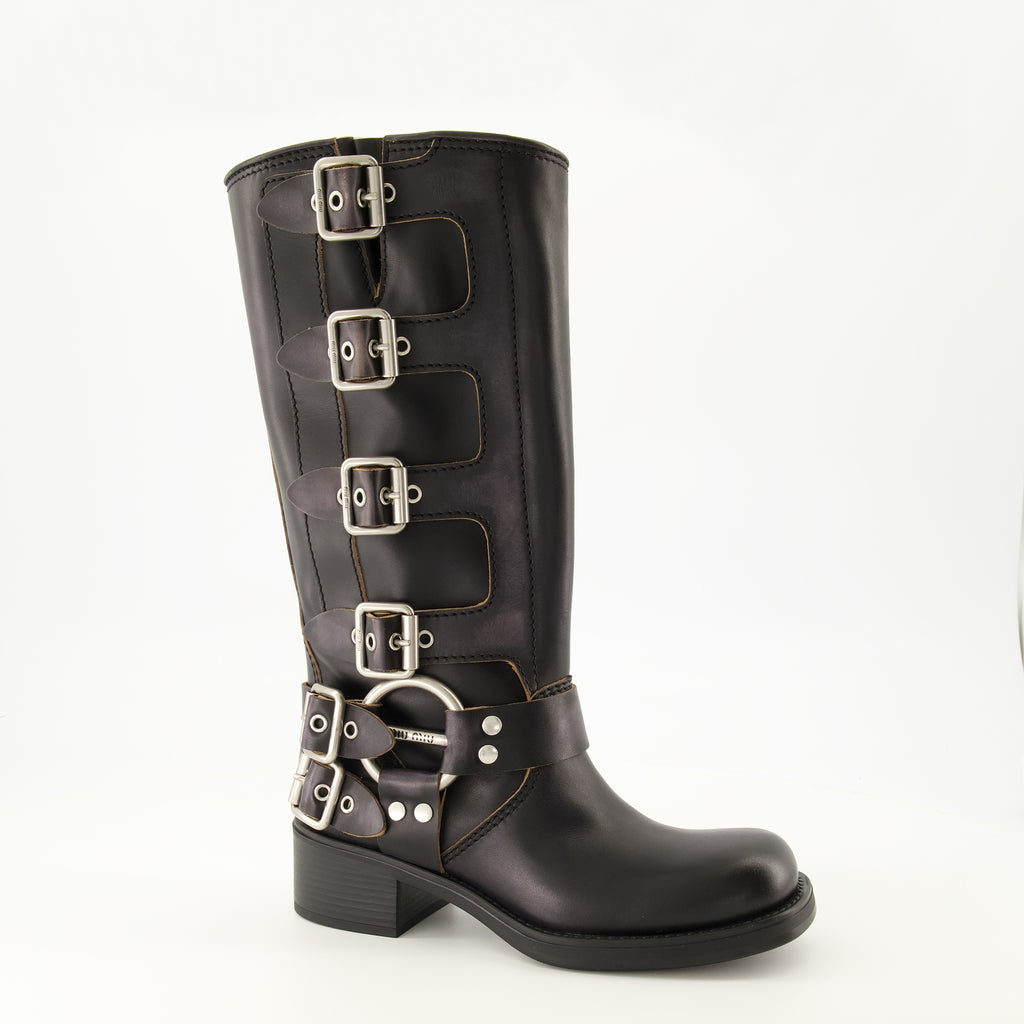 Bottes Botas de Couro Pretas Miu Miu Noir Femme