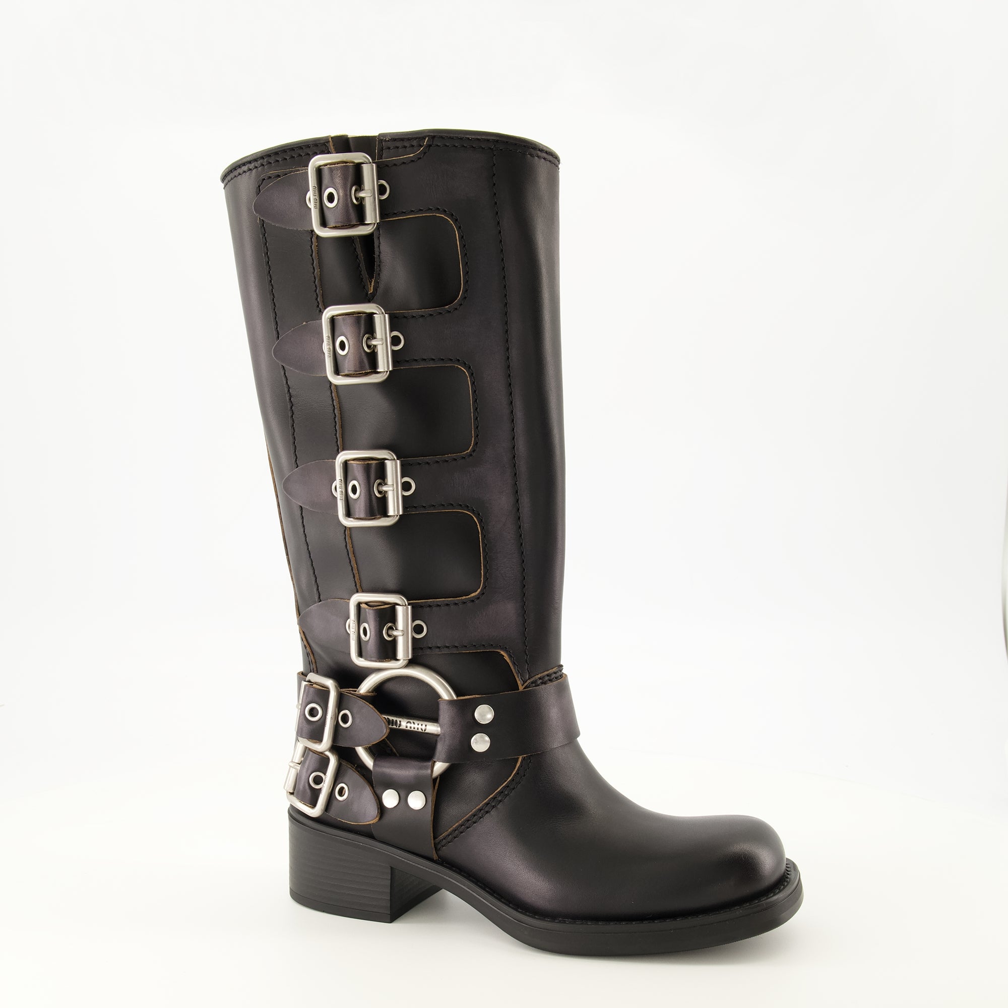Bottes Botas de Couro Pretas Miu Miu Noir Femme