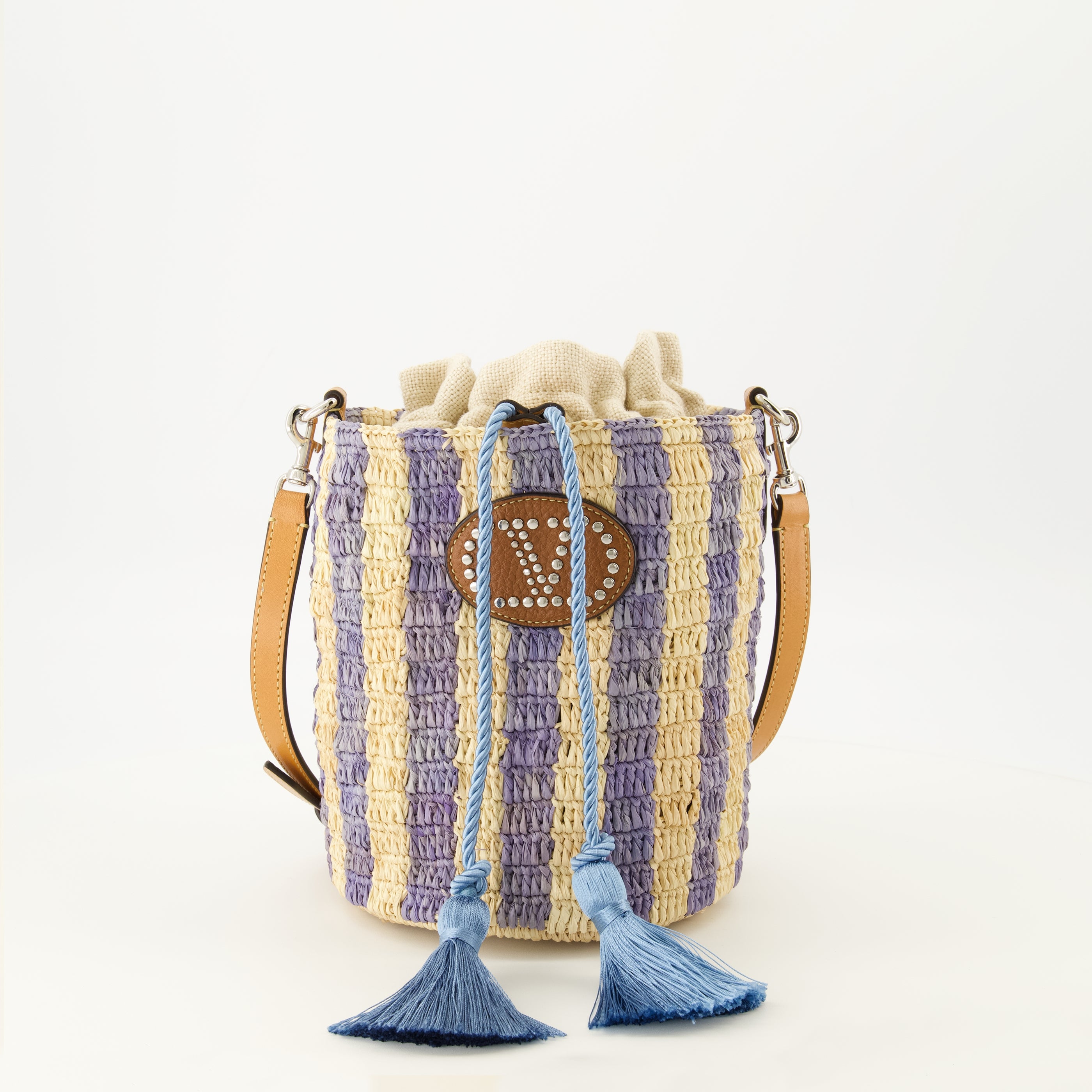 Sacs seau 작은 줄무늬 블루 라피아 버킷 백 Valentino Garavani Bleu Femme