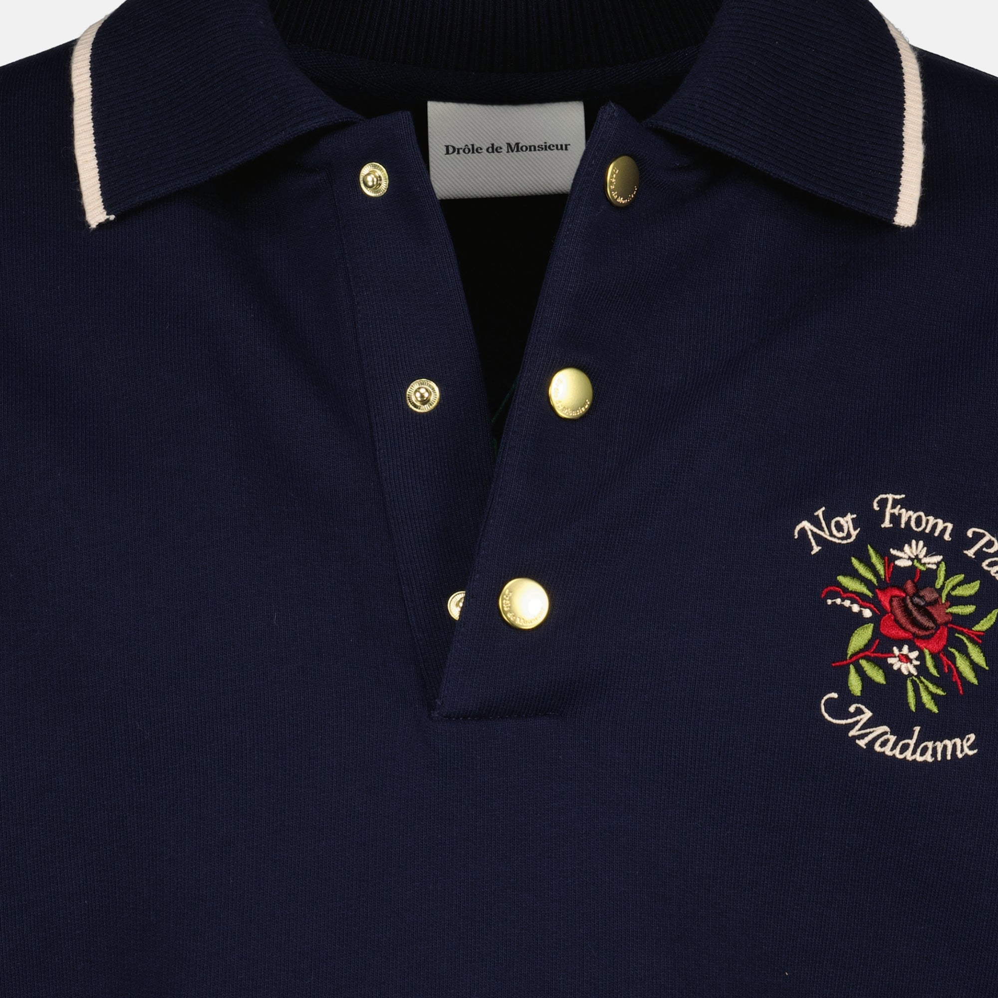 Image of the Drole De Monsieur Men's Slogan Polo in Navy Blue Pink - Spring-Summer 2026 - Detailed View 2