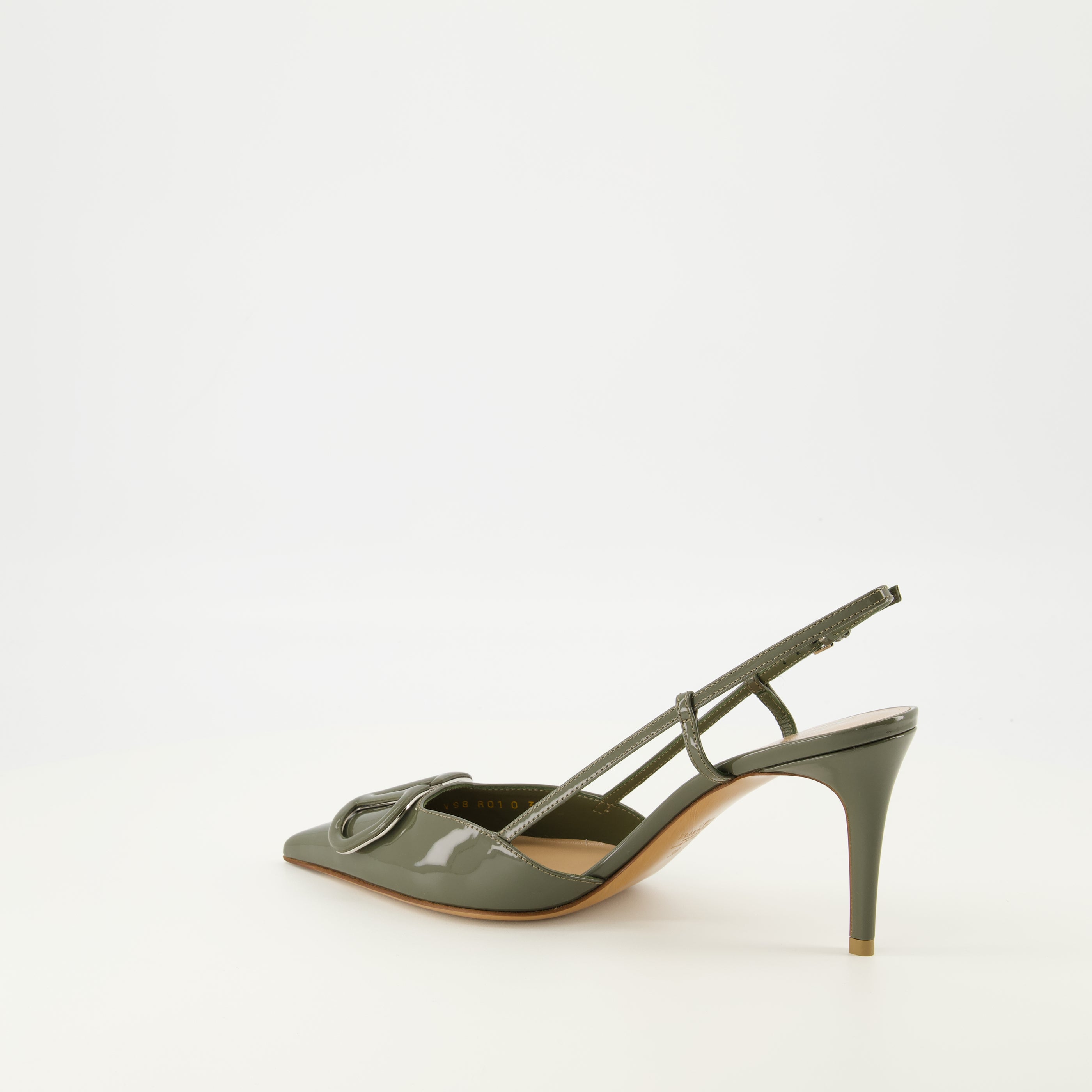 Immagine dei décolleté Vlogo in pelle verniciata kaki del marchio Valentino Garavani per Donna - Stagione Primavera-Estate 2026 - Vista posteriore tre quarti destra