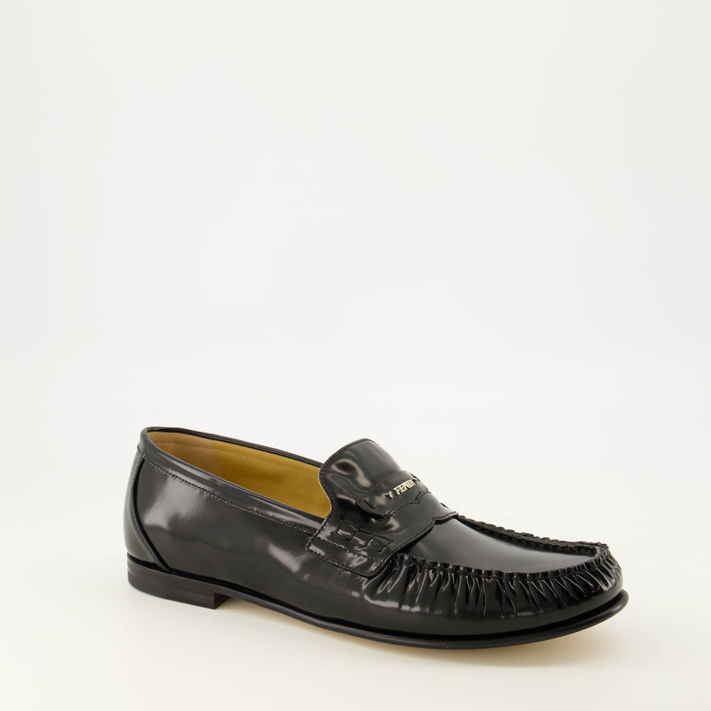 Mocassins Scrunch Schwarze Leder Slipper Fendi Noir Homme