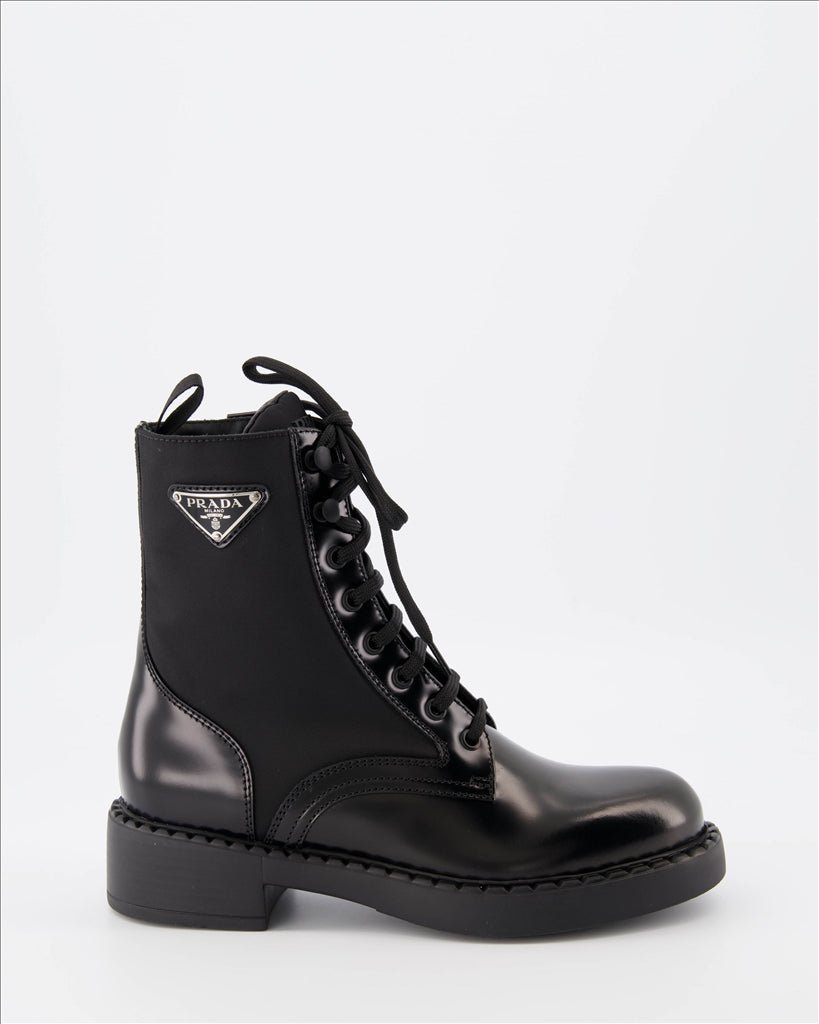 Combat ankle boots in leather and Re-Nylon