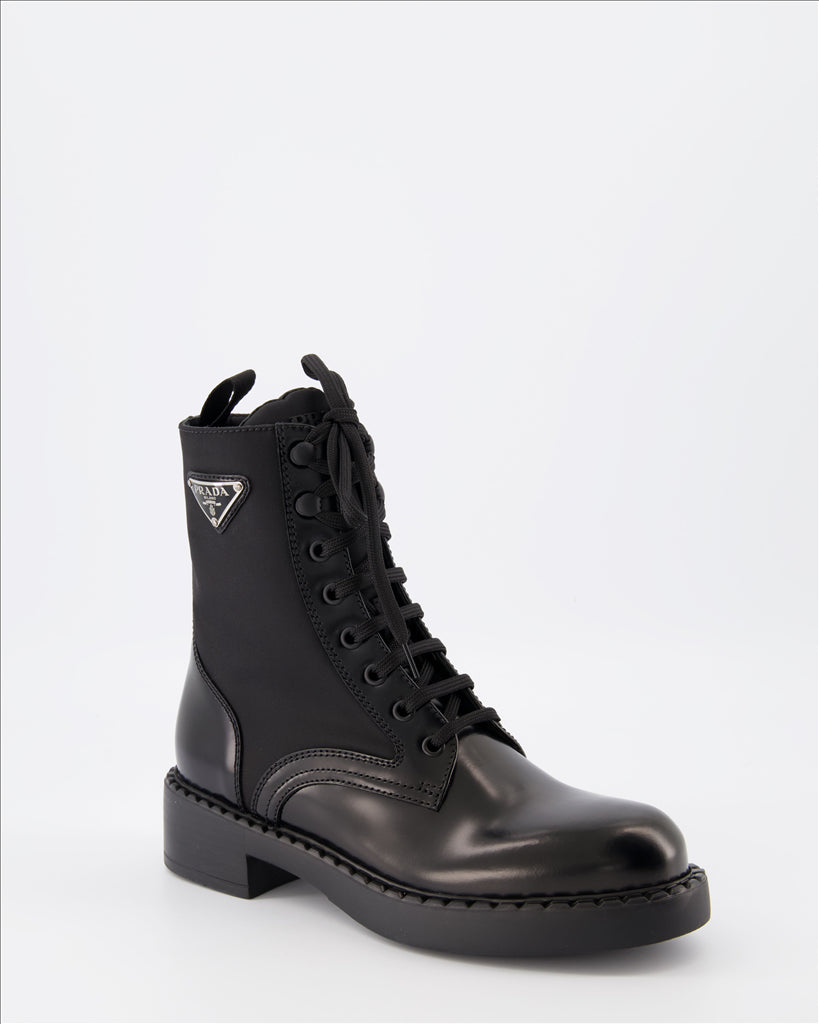 Ankle boots Combat ankle boots in leather and Re-Nylon Prada Black Women