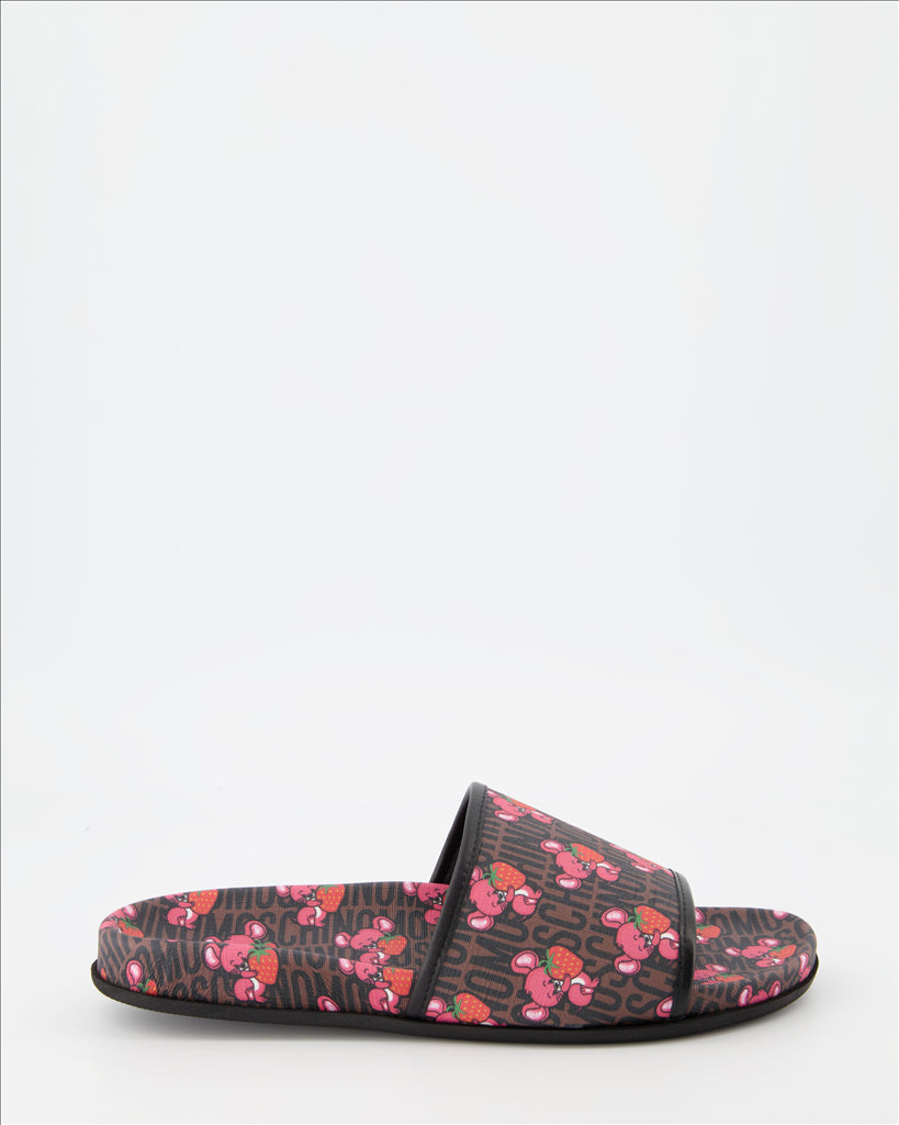 オープントゥシューズ モノグラム入りスライド Moschino 茶色 男