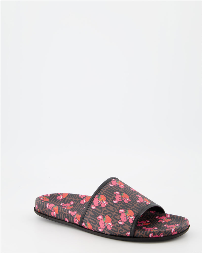 オープントゥシューズ モノグラム入りスライド Moschino 茶色 男